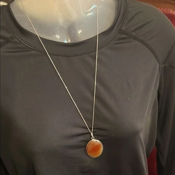 14K White Gold Chain Amber Agate Pendant Necklace 925 Silver - Picture 13 of 15